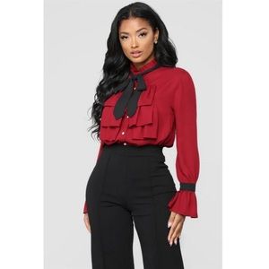 Fashion Nova 'Better Now' Tie Neck Blouse - Burgundy